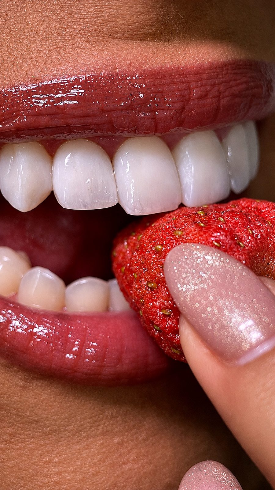 Close de um sorriso com os dentes da frente, mordendo um morango